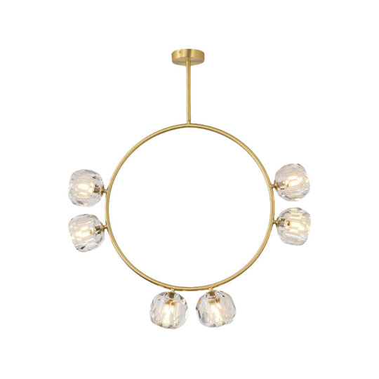 Minimal Loop Semi Flush Metal 3/6 Head LED Ceiling Light in Gold with Crystal Shade