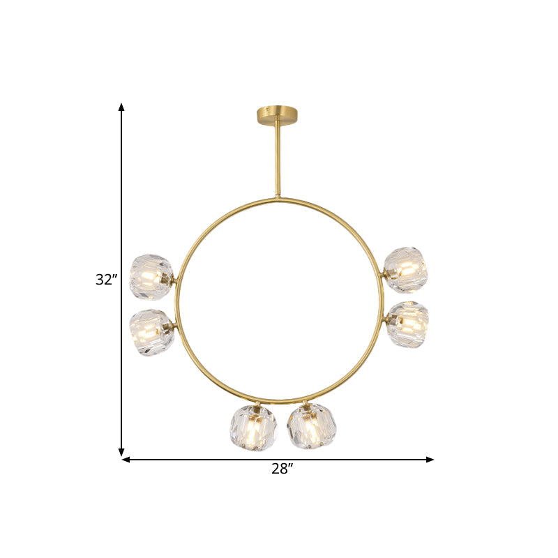 Minimal Loop Semi Flush Metal 3/6 Head LED Ceiling Light in Gold with Crystal Shade