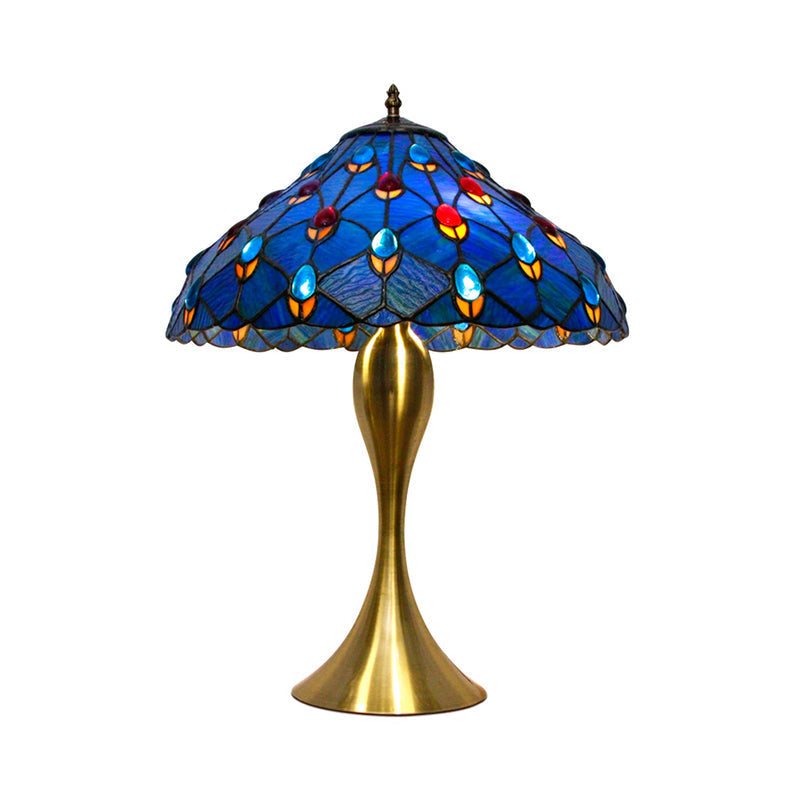 Mediterranean Blue Cone Nightstand Lamp With 1 Bulb: Hand-Cut Glass And Jewel Deco For Elegant Task