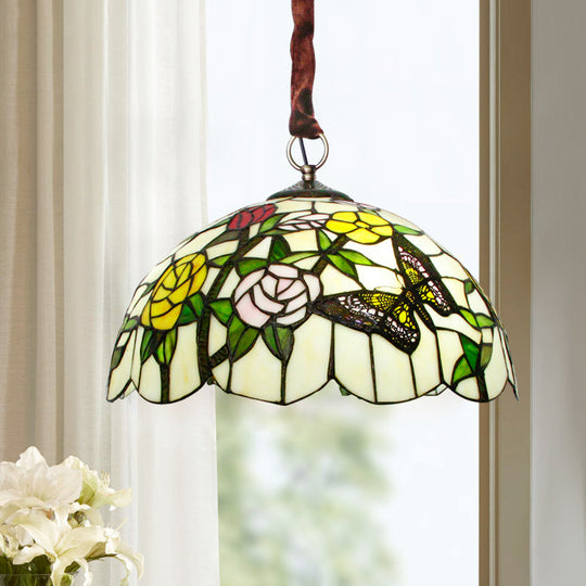 Classic Scalloped 3-Head Bronze Chandelier With Hand Cut Glass Floral & Butterfly Design