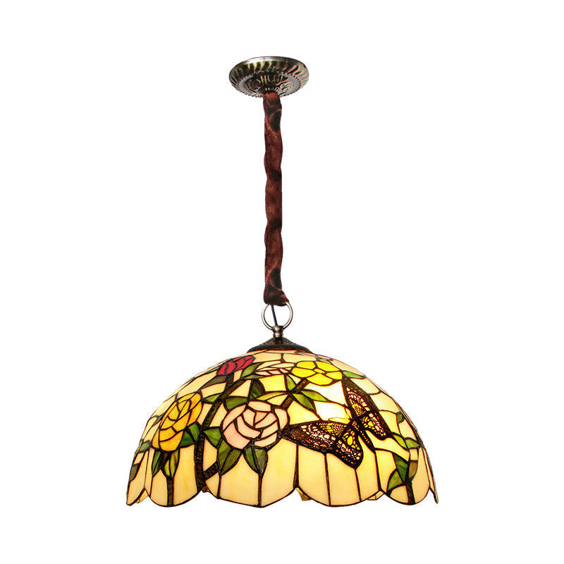 Classic Scalloped Hand Cut Glass Chandelier - 3-Head Suspended Lamp with Floral and Butterfly Pattern in Bronze