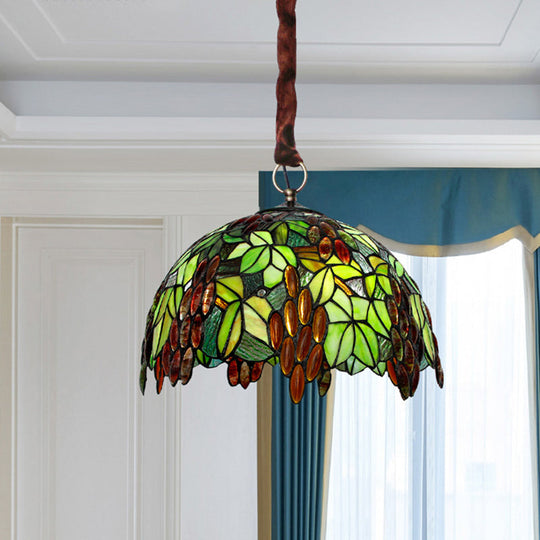 Tiffany-Style Stained Glass Pendant Chandelier - Green 3-Light Grape Suspension Lighting