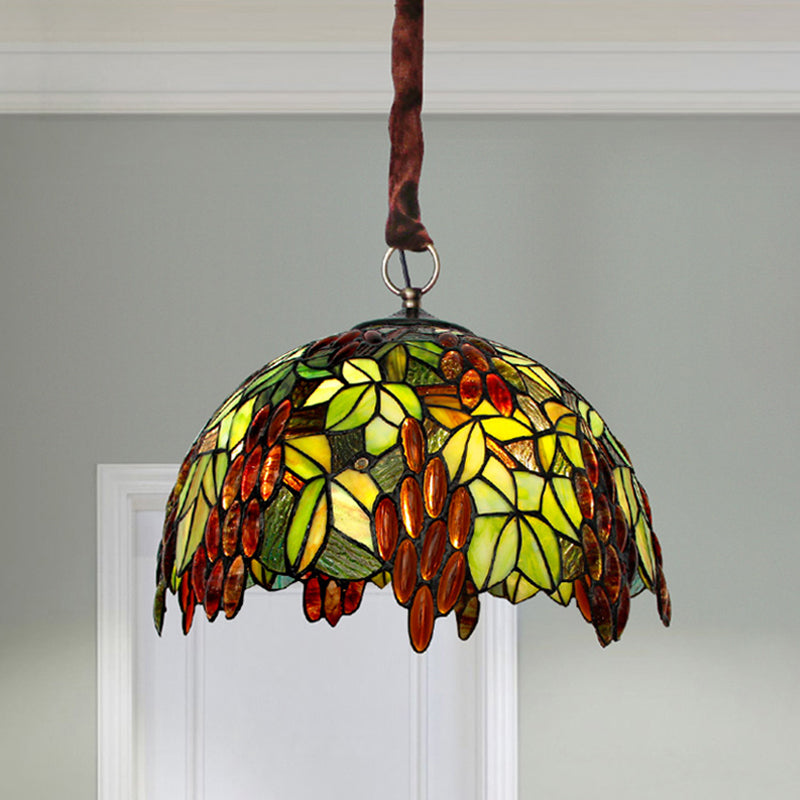 Tiffany-Style Stained Glass Grape Pendant Chandelier with 3 Green Lights