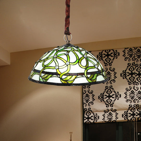 Antique Green Stained Glass Chandelier With Vine Pattern And 3 Hanging Lights