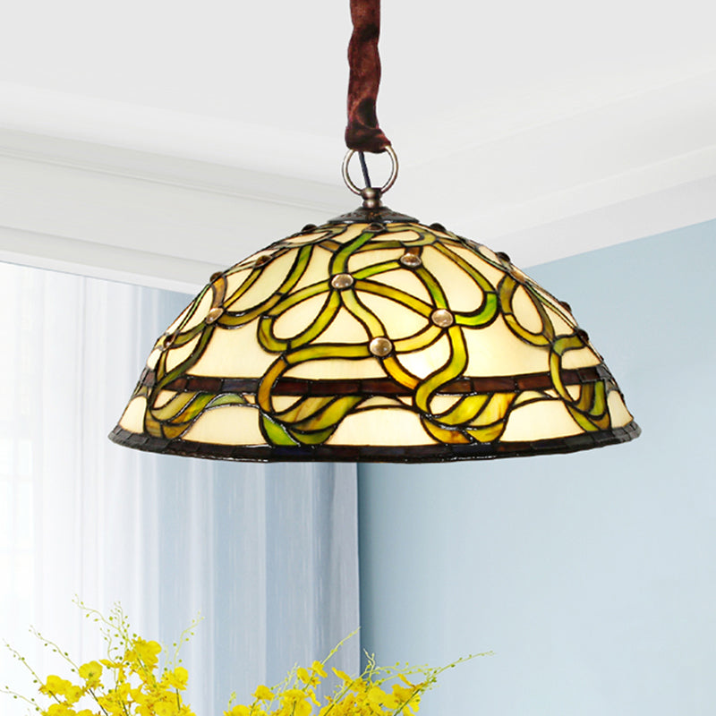 Vintage Green Stained Glass Chandelier: Elegant 3-Light Ceiling Fixture with Vine Pattern