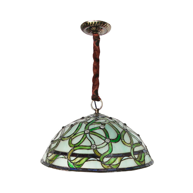 Vintage Green Stained Glass Chandelier: Elegant 3-Light Ceiling Fixture with Vine Pattern