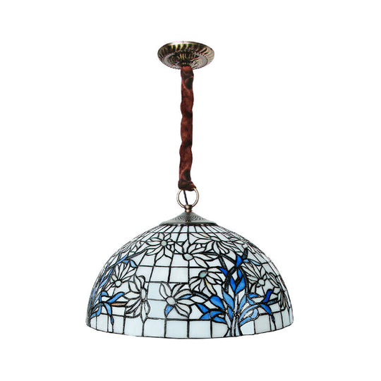 Blue-White Tiffany Glass Ceiling Light: Mediterranean Bowl Pendant Chandelier With Sunflower Pattern