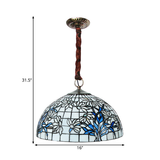 Blue-White Tiffany Glass Ceiling Light: Mediterranean Bowl Pendant Chandelier With Sunflower Pattern