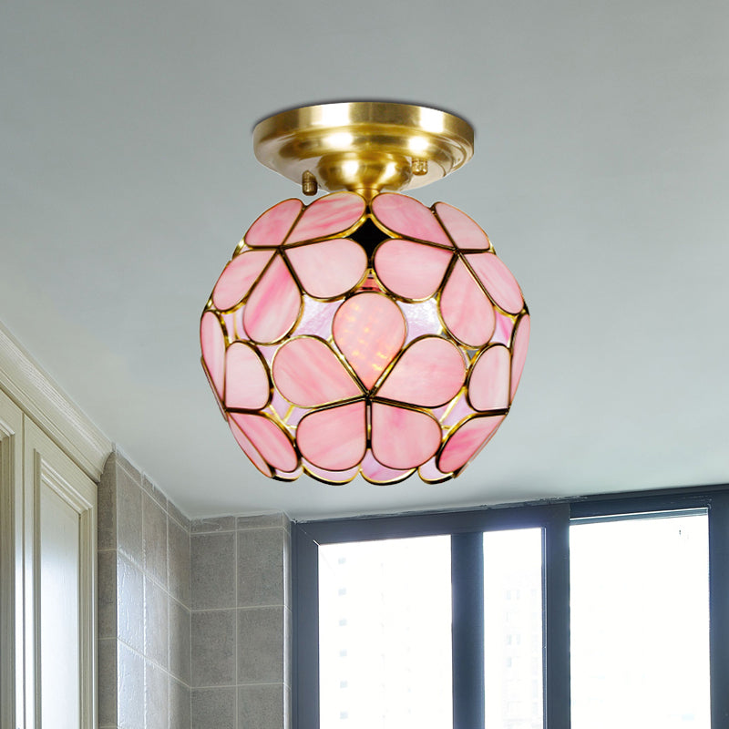 Victorian Stained Glass Flower Ceiling Light in White/Pink/Orange Semi-Mount