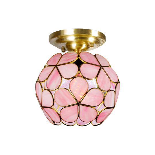 Victorian Stained Glass Flower Ceiling Light in White/Pink/Orange Semi-Mount