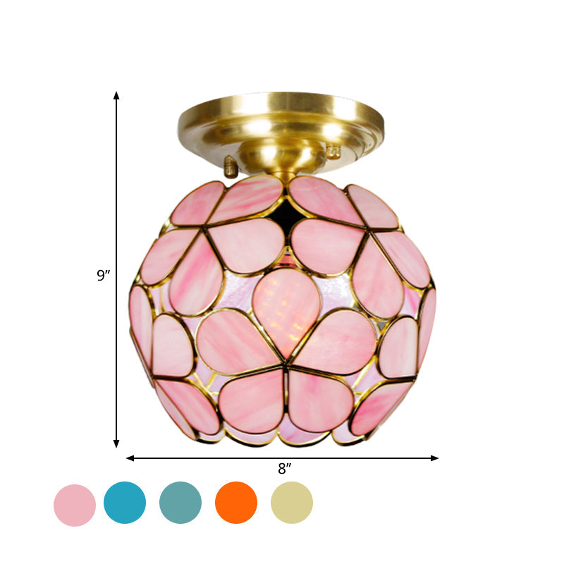 Victorian Stained Glass Flower Ceiling Light in White/Pink/Orange Semi-Mount