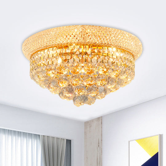 Contemporary Crystal Orb Cone Flush Mount Ceiling Light - Gold Finish 6/9 Heads 16/23.5 Wide Ideal