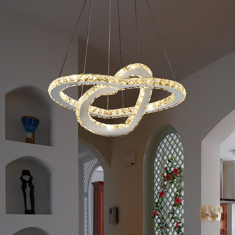 Dual Loving Heart Cut Crystal Chandelier Led Chrome Pendant Light In Warm/White / Warm