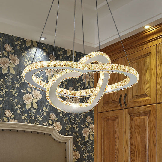 Dual Loving Heart Cut Crystal Chandelier Led Chrome Pendant Light In Warm/White