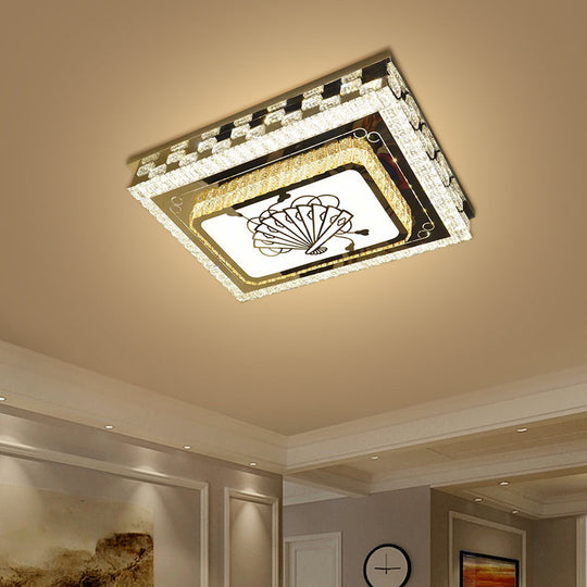 Modern Crystal Block LED Ceiling Light with Folding Fan Pattern in Chrome - Oblong Drawing Room Flush Mount