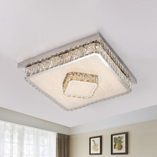 Crystal Square Flush Mount Led Lamp With Beveled Design In Warm/White Light Chrome Finish / Warm A