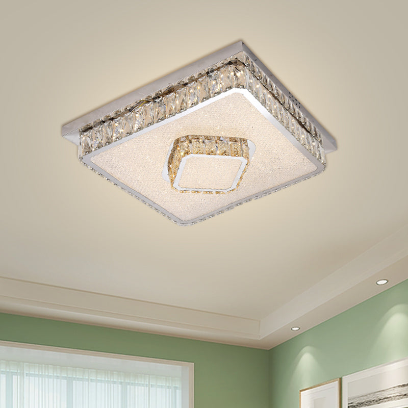 Crystal Square Flush Mount Led Lamp With Beveled Design In Warm/White Light Chrome Finish