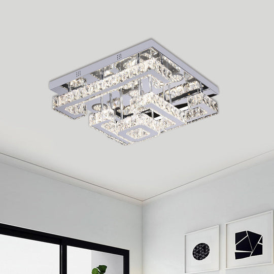 LED Guest Room Ceiling Lamp - Minimalist Chrome Semi Flush with Tiered Square Crystal Shade