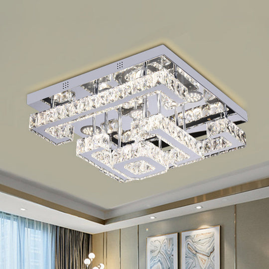 LED Guest Room Ceiling Lamp - Minimalist Chrome Semi Flush with Tiered Square Crystal Shade