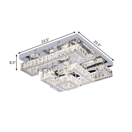 LED Guest Room Ceiling Lamp - Minimalist Chrome Semi Flush with Tiered Square Crystal Shade