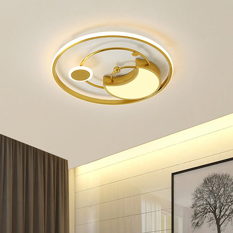 Modernist Led Gold Semi-Flush Ceiling Light - Metal Crescent Flush Mount In Warm/White / White