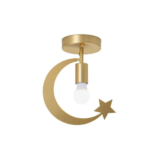 Grey/Gold Crescent & Star Kids Flush Mount Lighting - 1-Light Iron Ceiling Light For Corridor