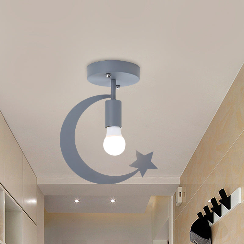 Grey/Gold Crescent & Star Kids Flush Mount Lighting - 1-Light Iron Ceiling Light For Corridor