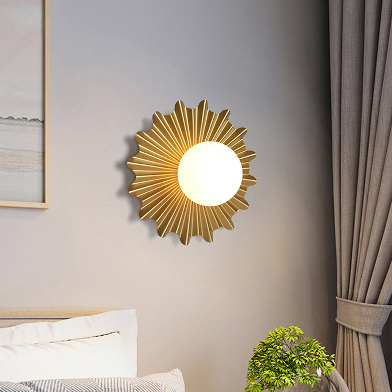 Cartoon Flower Metallic Wall Sconce - Gold 1-Light Lamp With Milk Glass Shade