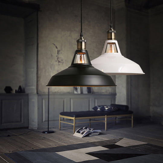 Modern Loft Style Barn Shade Pendant Ceiling Light 10.5"/12"/15" W in Black/White for Dining Table - Metallic Hanging Lamp with 1 Bulb