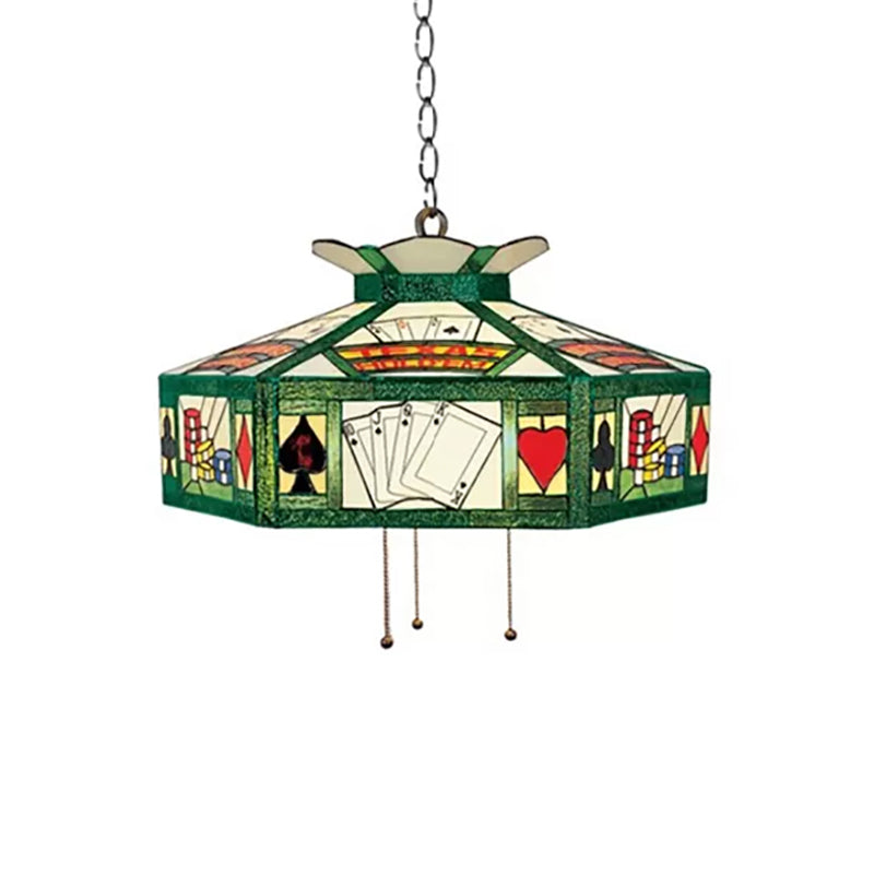 Tiffany-Style Poker Hanging Lamp - Handcrafted Art Glass Pendant Light Fixture (3 Bulbs) - 18"/19.5" Wide - White-Yellow/Green-White Variation