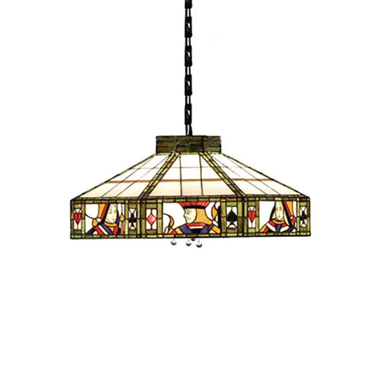 Tiffany-Style Poker Hanging Lamp - Handcrafted Art Glass Pendant Light Fixture (3 Bulbs) - 18"/19.5" Wide - White-Yellow/Green-White Variation