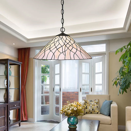 Tiffany Inspired Hanging Pendant Light - White Tapered Stained Glass Fixture For Living Room (16/18