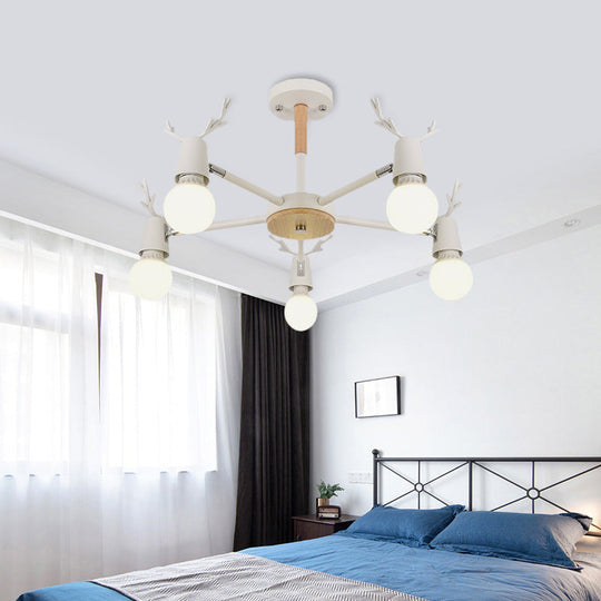 Kids Bedroom Semi Flush Ceiling Light With Modern Antler Decoration 5 / White