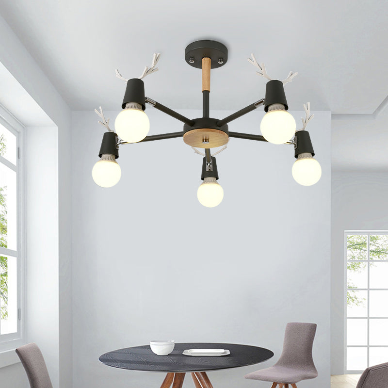 Kids Bedroom Semi Flush Ceiling Light With Modern Antler Decoration 5 / Black