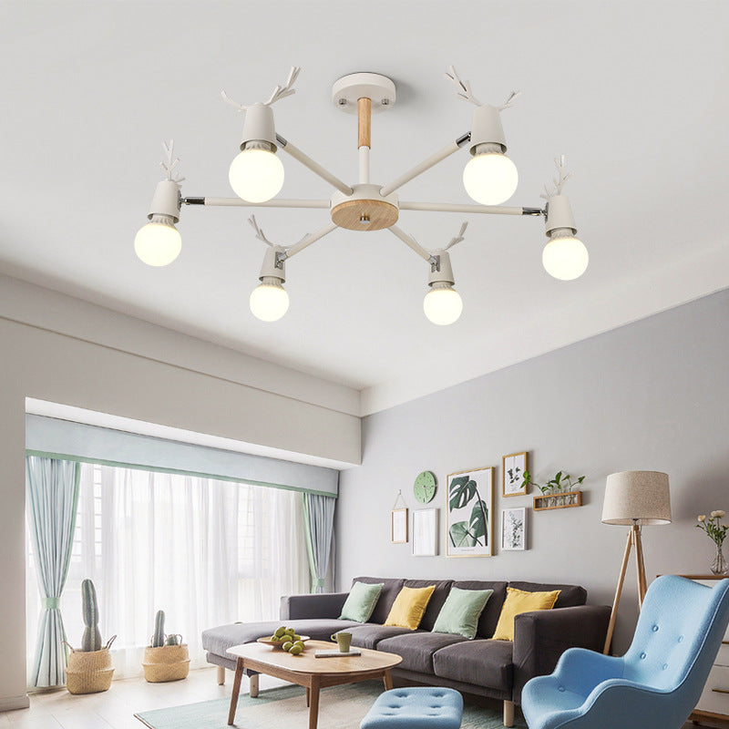 Kids Bedroom Semi Flush Ceiling Light With Modern Antler Decoration 6 / White