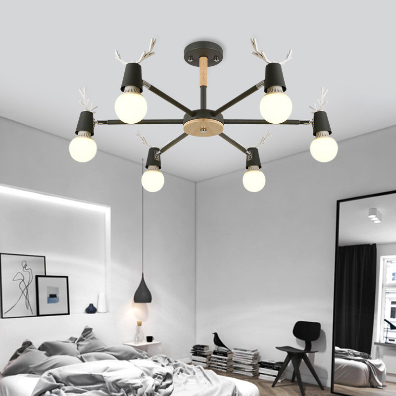 Kids Bedroom Semi Flush Ceiling Light With Modern Antler Decoration 6 / Black