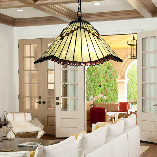 Hand-Cut Beige Glass Cone Pendant Light for Living Room - Tiffany-Style Swag/Wavy Design with 1 Bulb Fixture