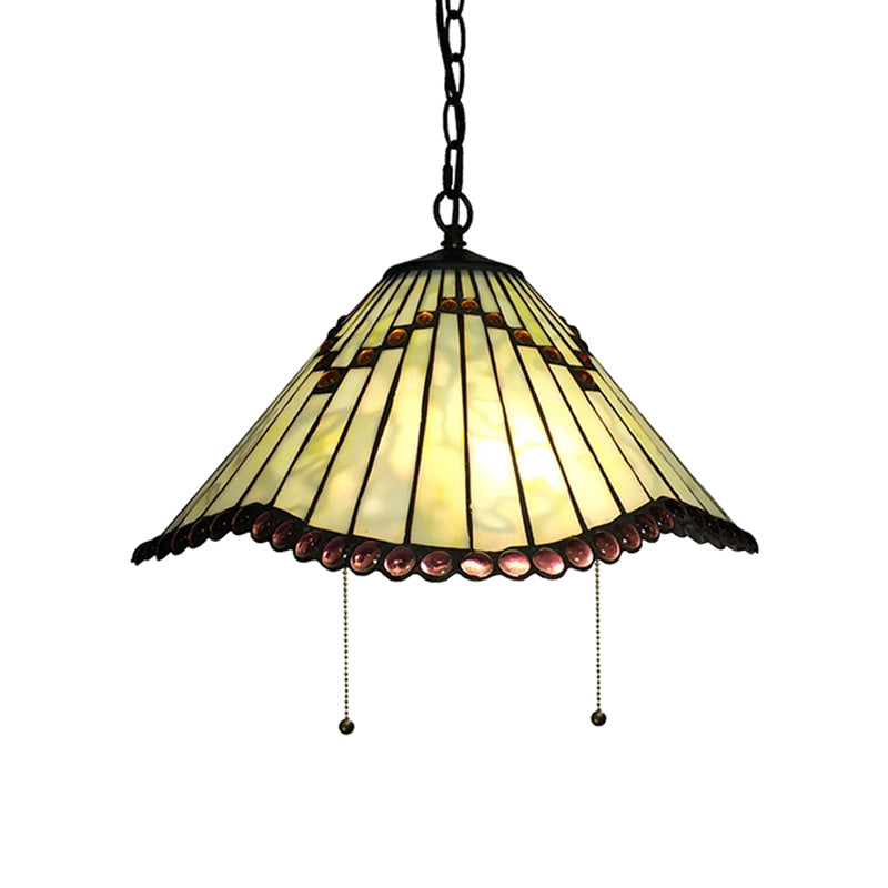 Hand-Cut Beige Glass Cone Pendant Light for Living Room - Tiffany-Style Swag/Wavy Design with 1 Bulb Fixture