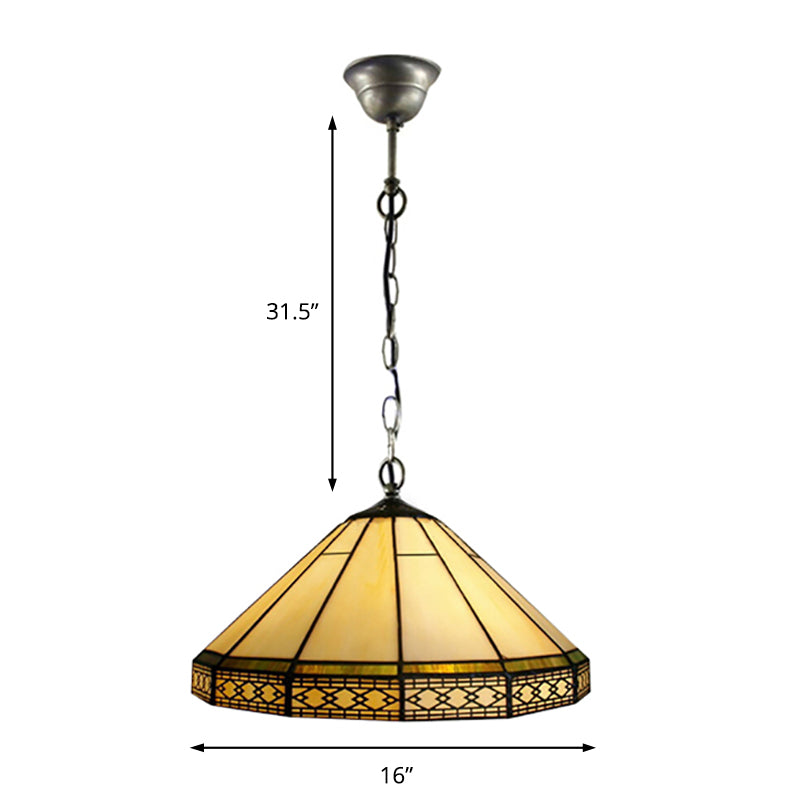 Mission Cut Glass Cone Hanging Light Fixture - Antique Brass Suspension Pendant (8"/12"/16" W) for Living Room