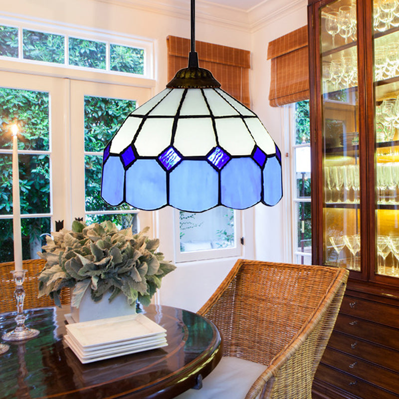 Tiffany-Style Handcrafted Art Glass Pendulum Lamp In Green Light Blue And Dark For Living Room