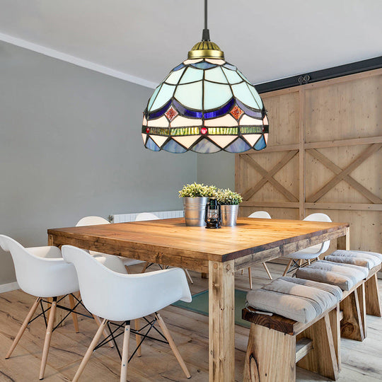 Dining Table Hanging Lights - Floral Shade Pendant Ceiling Lamp in Blue with Tiffany Style Art Glass Shade