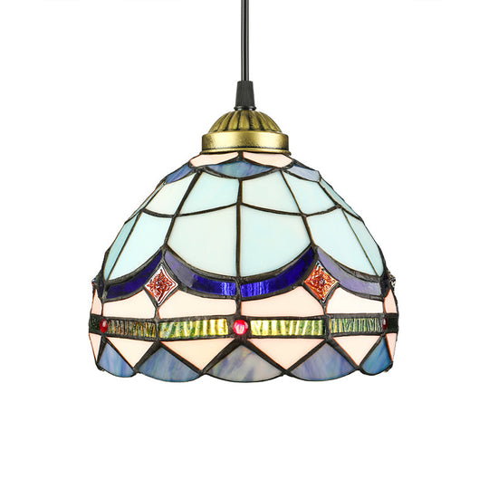 Dining Table Hanging Lights - Floral Shade Pendant Ceiling Lamp in Blue with Tiffany Style Art Glass Shade