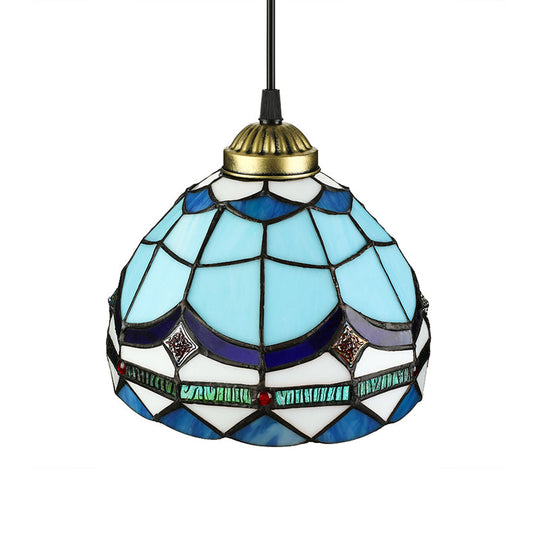 Dining Table Hanging Lights - Floral Shade Pendant Ceiling Lamp in Blue with Tiffany Style Art Glass Shade