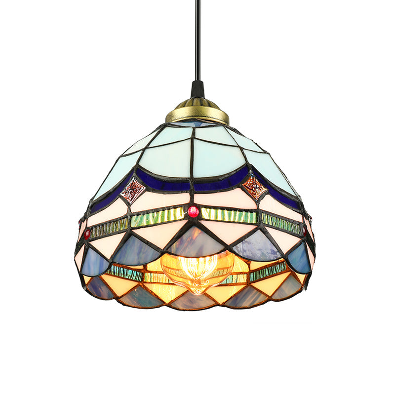 Dining Table Hanging Lights - Floral Shade Pendant Ceiling Lamp in Blue with Tiffany Style Art Glass Shade