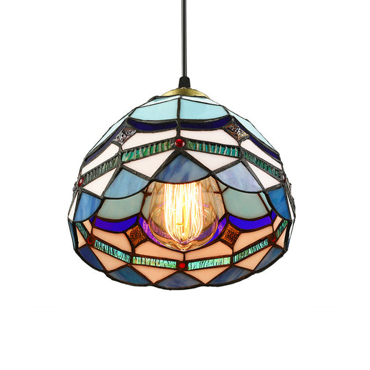 Dining Table Hanging Lights - Floral Shade Pendant Ceiling Lamp in Blue with Tiffany Style Art Glass Shade