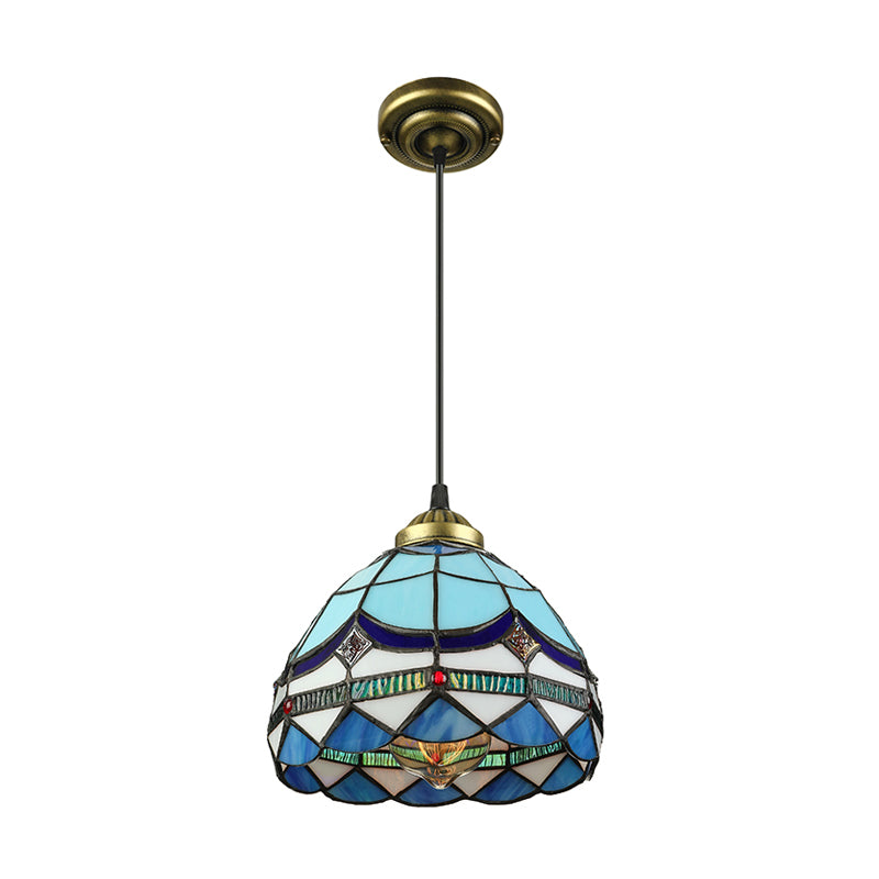 Dining Table Hanging Lights - Floral Shade Pendant Ceiling Lamp in Blue with Tiffany Style Art Glass Shade