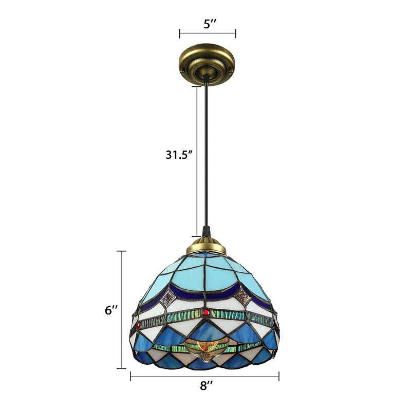 Dining Table Hanging Lights - Floral Shade Pendant Ceiling Lamp in Blue with Tiffany Style Art Glass Shade