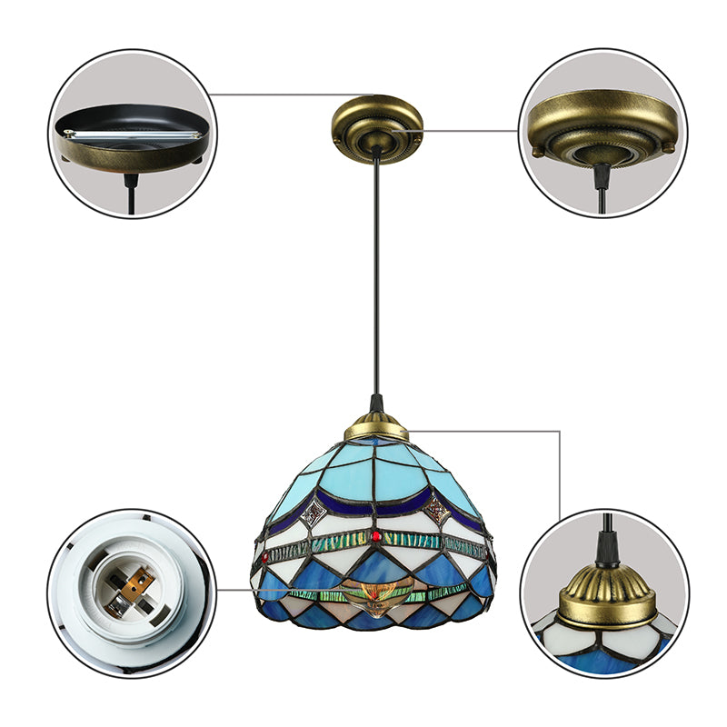 Dining Table Hanging Lights - Floral Shade Pendant Ceiling Lamp in Blue with Tiffany Style Art Glass Shade