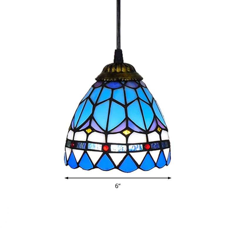 Dining Table Hanging Lights - Floral Shade Pendant Ceiling Lamp in Blue with Tiffany Style Art Glass Shade