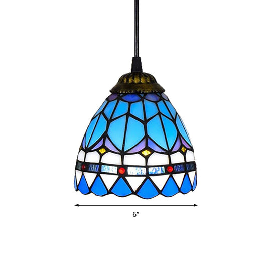 Dining Table Hanging Lights - Floral Shade Pendant Ceiling Lamp in Blue with Tiffany Style Art Glass Shade